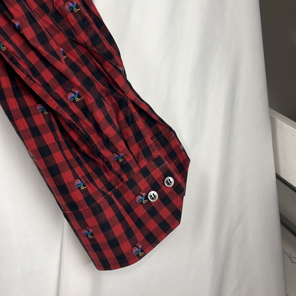 Robert Graham Red and Black Check Shirt w/ Embroidered Rainbow Roosters - Picture 9 of 10